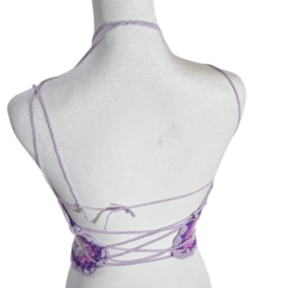 Handmade White Crochet Halter Crop-Top Floral Hand Knit Triangular Shape Purple - Picture 7 of 17
